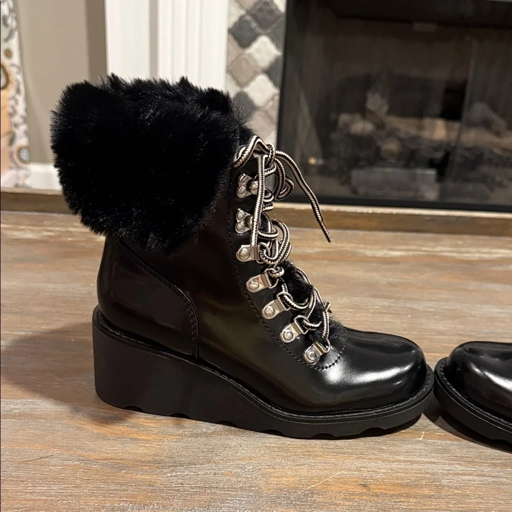 INC Hannia Patent Faux Fur Lace-Up Wedge Booties‎ Black Size 5.5 NIB